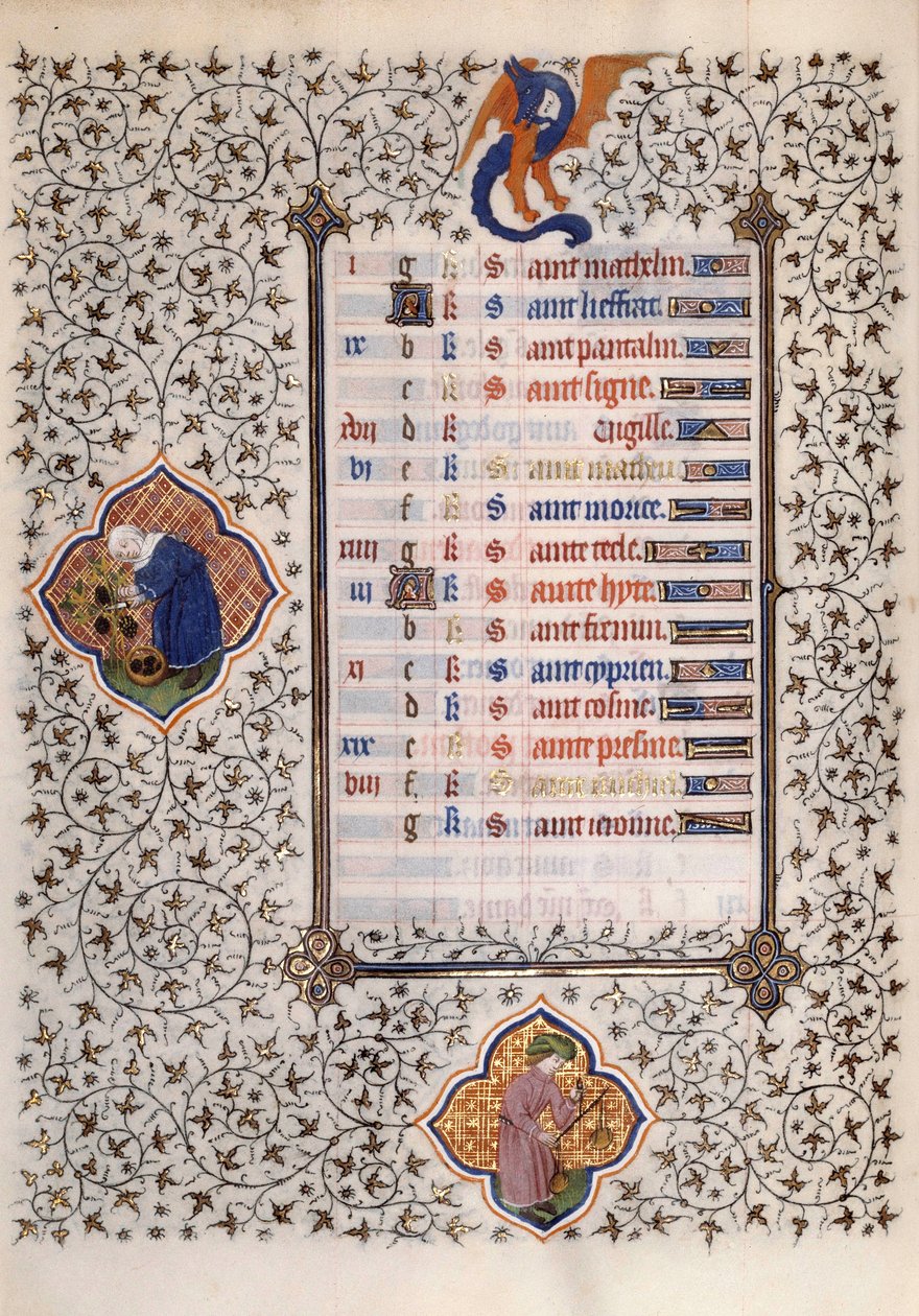 Strona rękopisu „Les Tres Riches Hours du Duke Francois de Guise”” opatrzona przez Mistrza Boucicaut: przedstawienie znaków zodiaku i pracy rolniczej: równowaga i żniwa. XV wiek. Muzeum Conde, Chantilly autorstwa (and workshop) Boucicaut Master