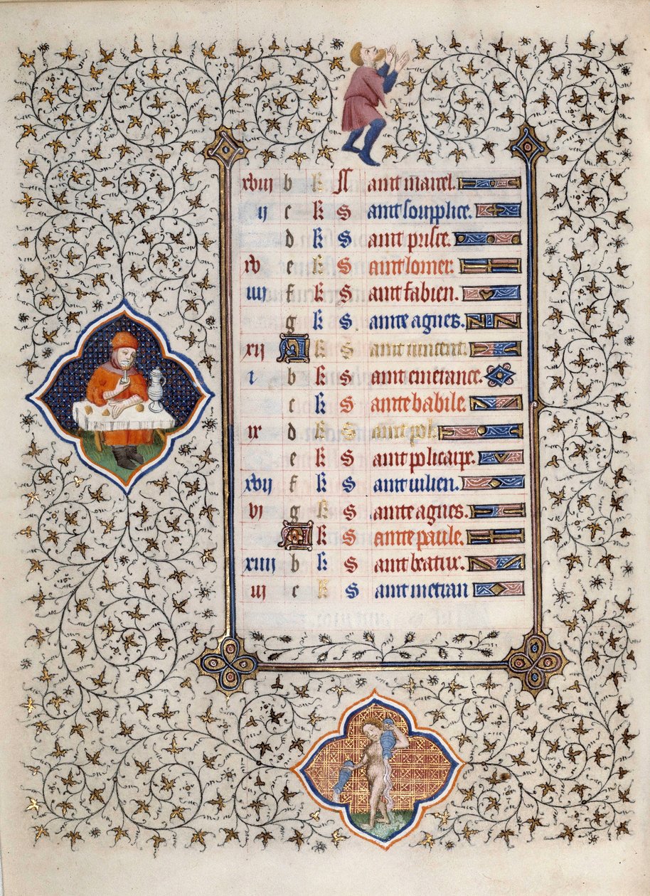 Strona rękopisu „Les Tres Riches Hours du Duke Francois de Guise”” opisana przez Mistrza Boucicaut: przedstawienie znaków zodiaku i scen z życia codziennego: Wodnika i sceny posiłku. XV wiek. Muzeum Conde, Chantilly autorstwa (and workshop) Boucicaut Master