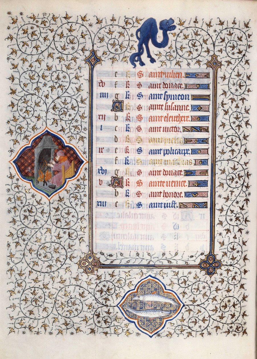 Strona rękopisu „Les Tres Riches Hours du Duke Francois de Guise”” opatrzona przez Mistrza z Boucicaut: przedstawienie znaków zodiaku i scen z życia codziennego: ryba i mężczyzna nagrzewający się przed kominem. XV wiek. Muza autorstwa (and workshop) Boucicaut Master