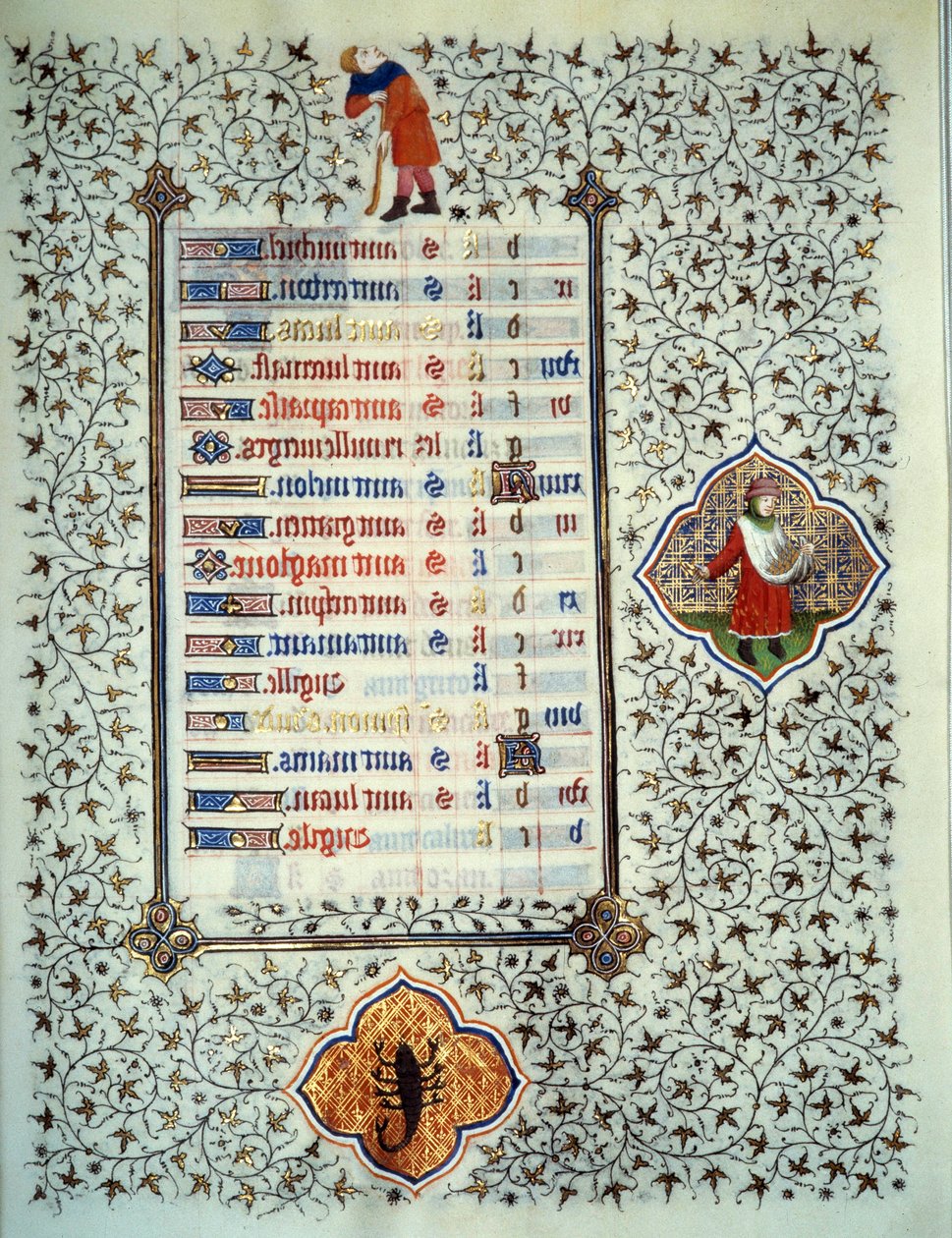 Strona rękopisu „Les Tres Riches Hours du Duke Francois de Guise”” opatrzona przez Mistrza Boucicaut: przedstawienie znaków zodiaku oraz sceny z życia codziennego: skorpion i sadzenie. XV wiek. Muzeum Conde, Chantilly autorstwa (and workshop) Boucicaut Master