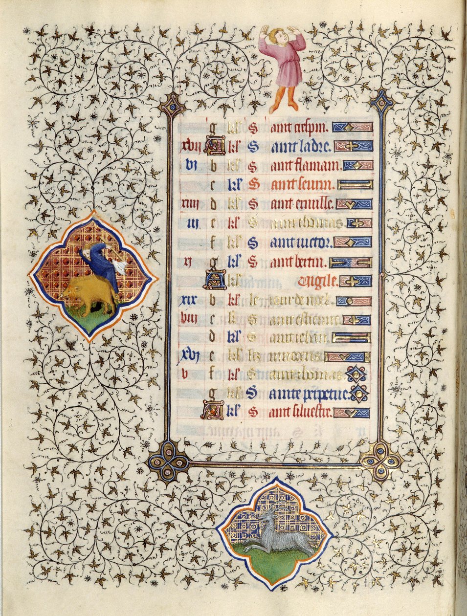 Strona rękopisu „Les Tres Riches Hours du Duke Francois de Guise”” opisana przez Mistrza Boucicaut: przedstawienie znaków zodiaku i scen z życia codziennego: koziorożca i polowanie na dzika. XV wiek. Muzeum Conde, Kalifornia autorstwa (and workshop) Boucicaut Master