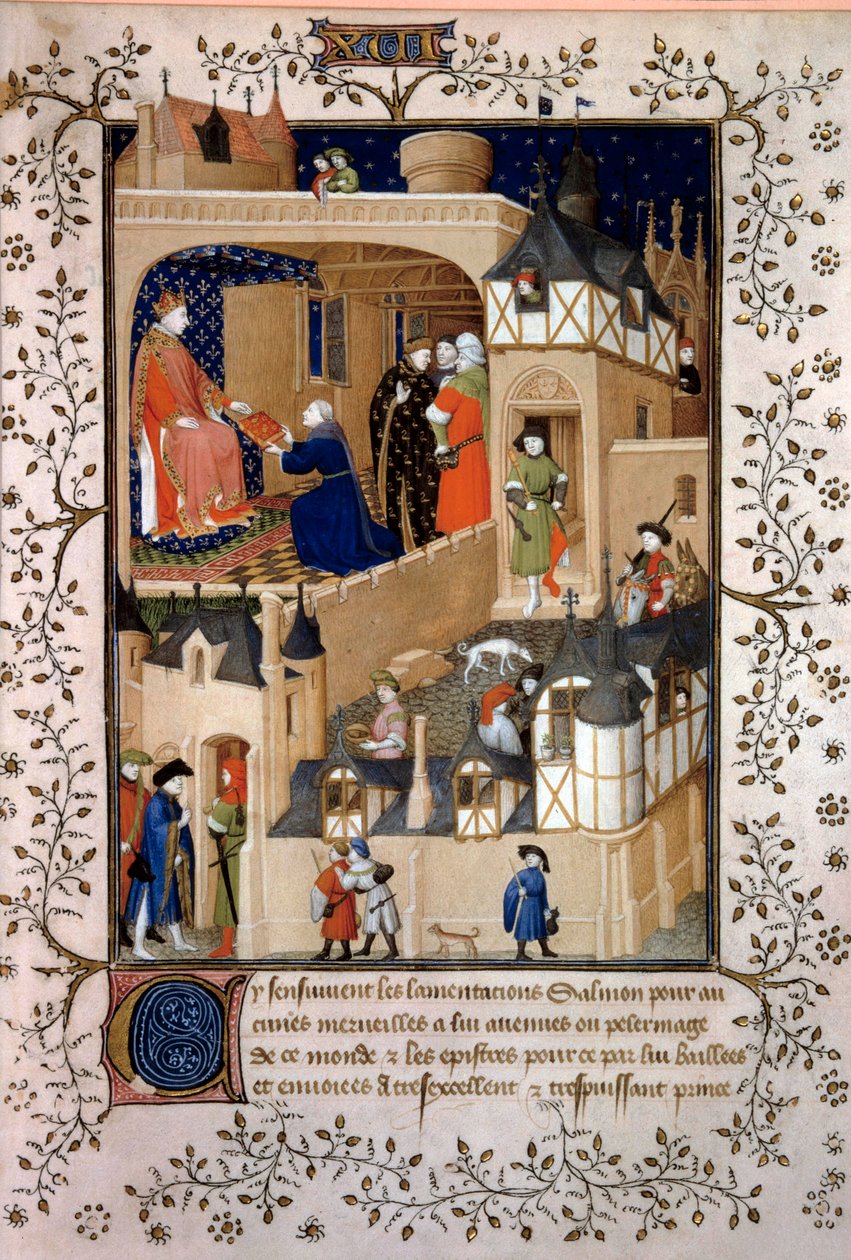 Awanturnik polityczny Piotr Owocnik dit Salmon oferuje swój rękopis królowi Karolowi VI (1368-1422). Miniatura z "Answers a Charles VI et Lamentations" Pierre