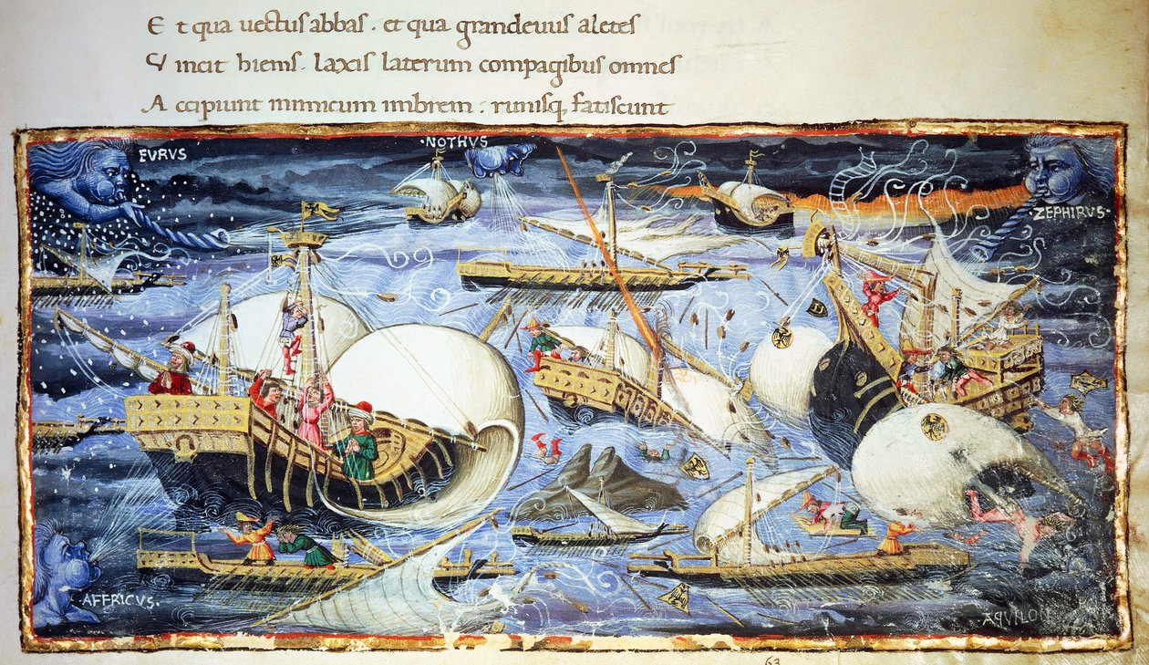 Żaglowce, ilustracja do Eneidy, poemat epicki Wergiliusza (70-19 p.n.e.), miniatura przypisywana Apollonio di Giovanni (1415-1465) autorstwa (attr. to) Apollonio di Giovanni