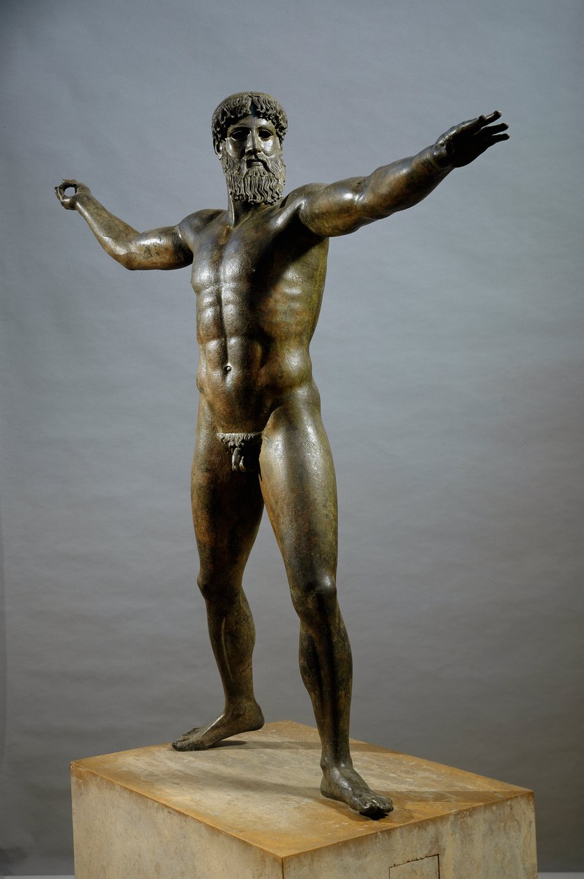 Sztuka grecka: „” Posejdon”” (lub Zeus) - Rzeźba z brązu przypisywana rzeźbiarzowi Kalamisowi (480-460 pne) Z Cape Artemision, Dim. 209 cm - Ateny, muzeum archeologii narodowej - Sztuka grecka: Posejdon (lub Zeus) - Rzeźba z brązu, autorstwa Kalamisa (480- autorstwa (attr. to) Kalamis