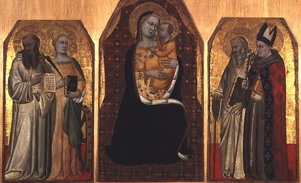 Tryptyk: Madonna z Dzieciątkiem w otoczeniu czterech świętych (tempera na desce) autorstwa (attr to) Puccio di Simone