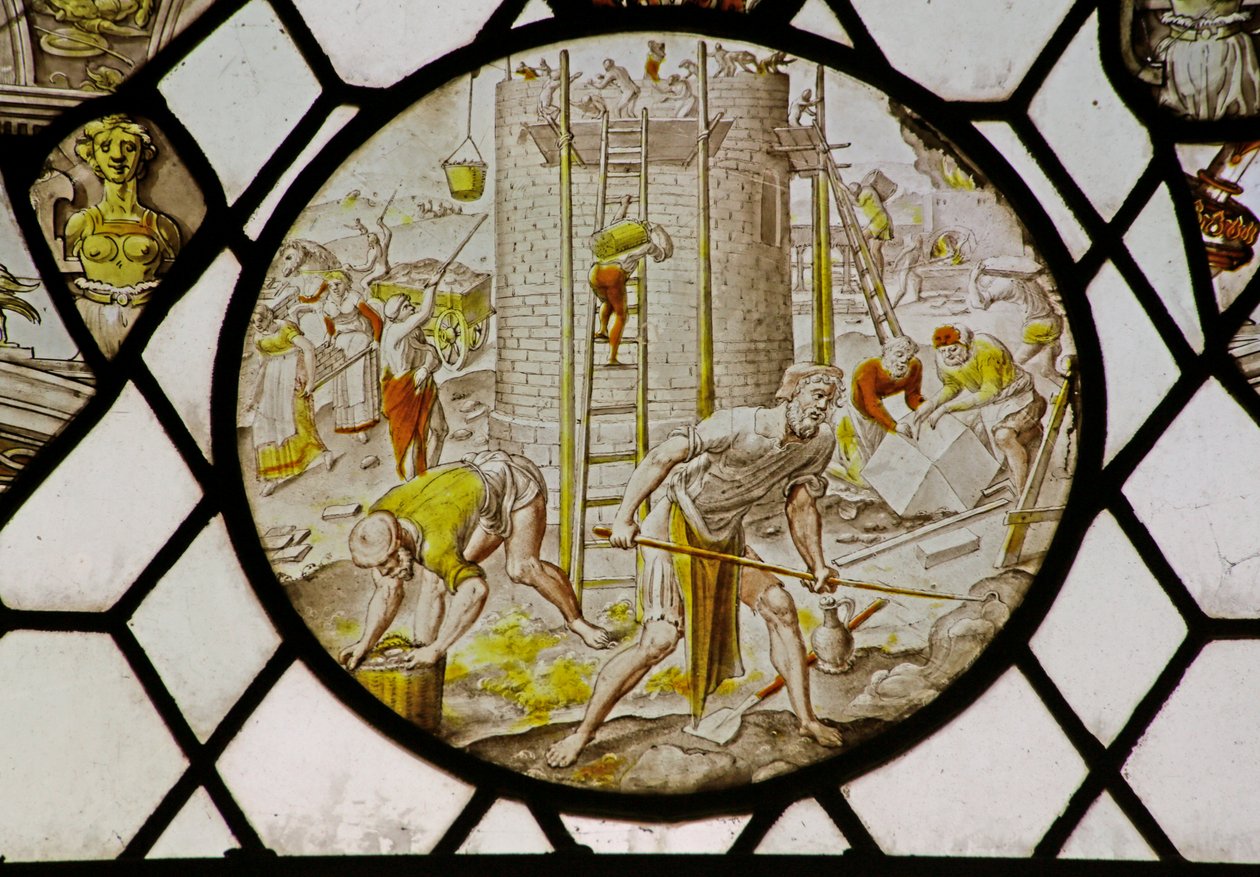 Roundel z budynkiem wieży Babel (witraż) autorstwa (attr.to) Dutch School