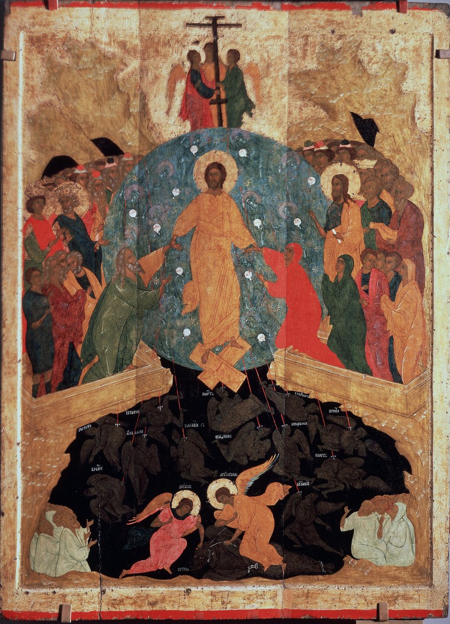 Zejście do piekła. Epizod Zmartwychwstania, zaraz po śmierci Chrystus zstąpił do bram królestwa umarłych (otchłani), gdzie dusze wegetują w oczekiwaniu na wizję uszczęśliwiającą, aby uwolnić dusze Ju autorstwa (c.1440 1502) Dionisius the Wise