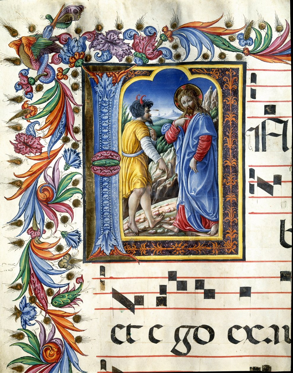 Decoree lettrine przedstawiający kuszenie Chrystusa Miniatura autorstwa Liberale da Verona (1445-1529) z chóru (kod 20/5. c.45v) z katedry w Sienie. XV-wieczna katedra (Duomo) w Sienie, Włochy autorstwa (c.1445 1527) Liberale da Verona