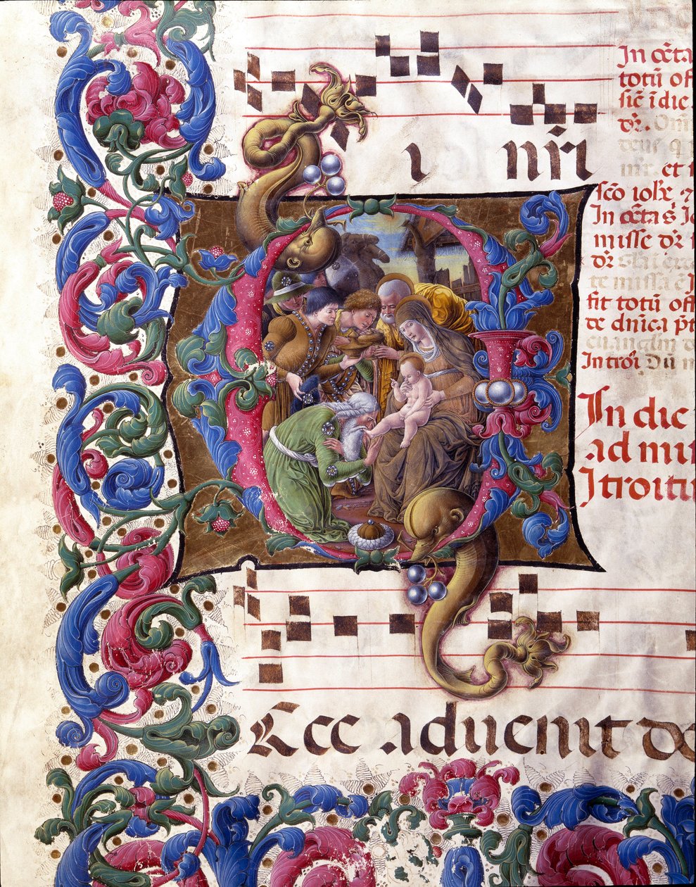 Decoree lettryna przedstawiająca Adorację miniatury Trzech Króli autorstwa Liberale da Verona (1445-1529) z chóru (kod. 24/9. c.67v) z katedry w Sienie. XV-wieczna katedra (Duomo) w Sienie, Włochy autorstwa (c.1445 1527) Liberale da Verona