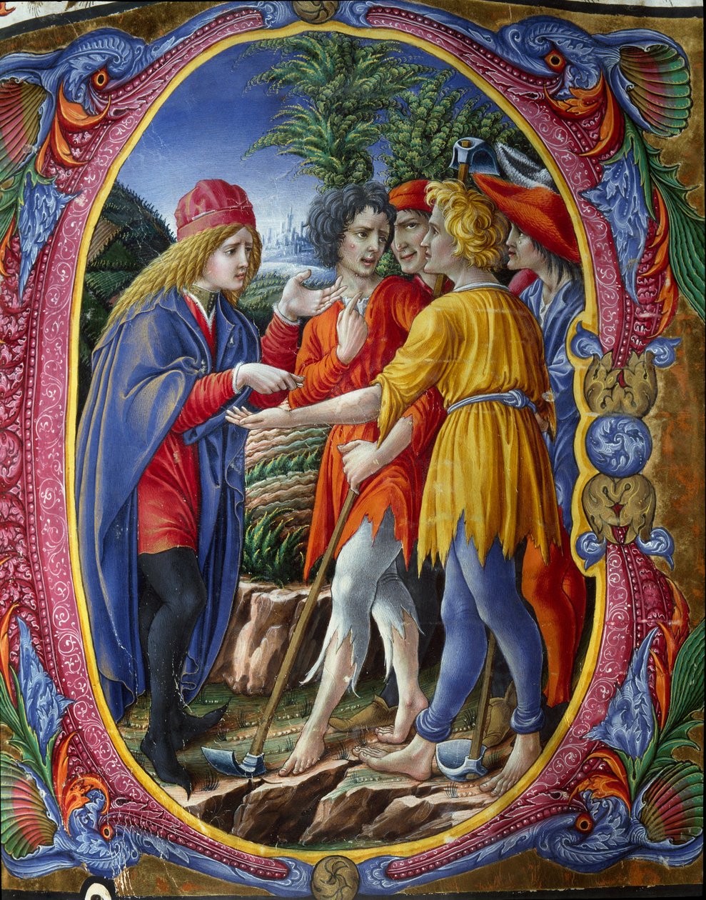 Decoree lettrine przedstawiająca przypowieść o morderczych winiarzach (Ewangelia wg św. Mateusza Mt 21,33-43) (Przypowieść o lokatorach) Miniatura Liberale da Verona (1445-1529) z chóru (Kod. 2.) z katedry w Sienie. XV wiek autorstwa (c.1445 1527) Liberale da Verona