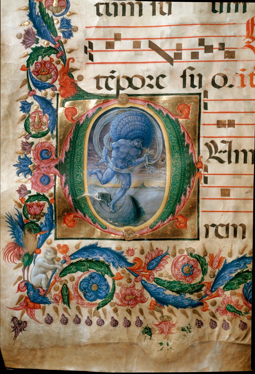 Lettrine z przedstawieniem Aeolus, strażnika wiatrów. (Miniaturowy autorstwa (c.1445 1527) Liberale da Verona