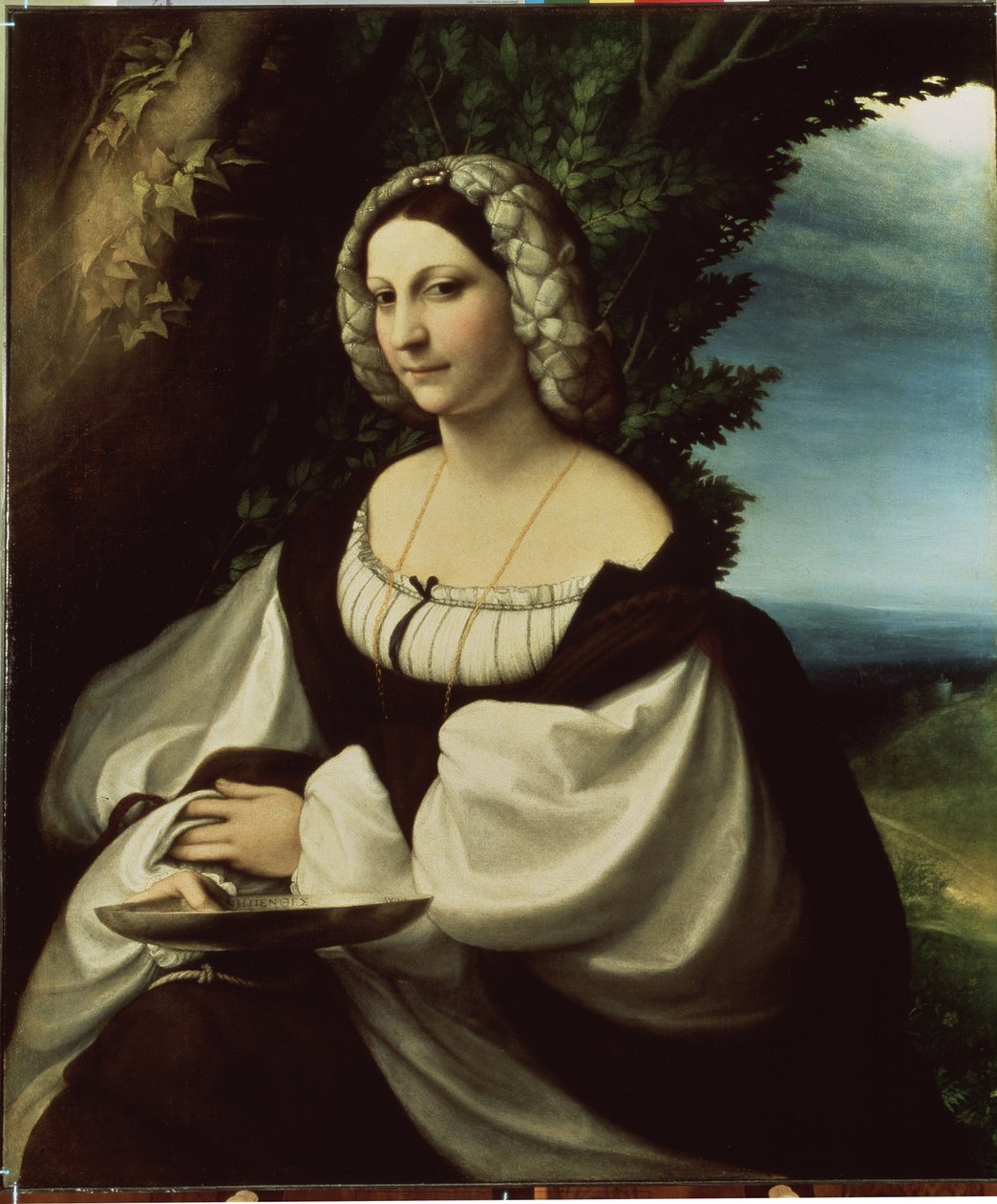 „Portret damy” (Portret damy) Byłaby to albo poetka Ginevra Rangone, albo Veronica Gambara (1485-1550), osobistości miasta Correggio. Obraz Antonio Allegri znany jako Il Correggio (The Correge autorstwa (c.1489 1534) Correggio
