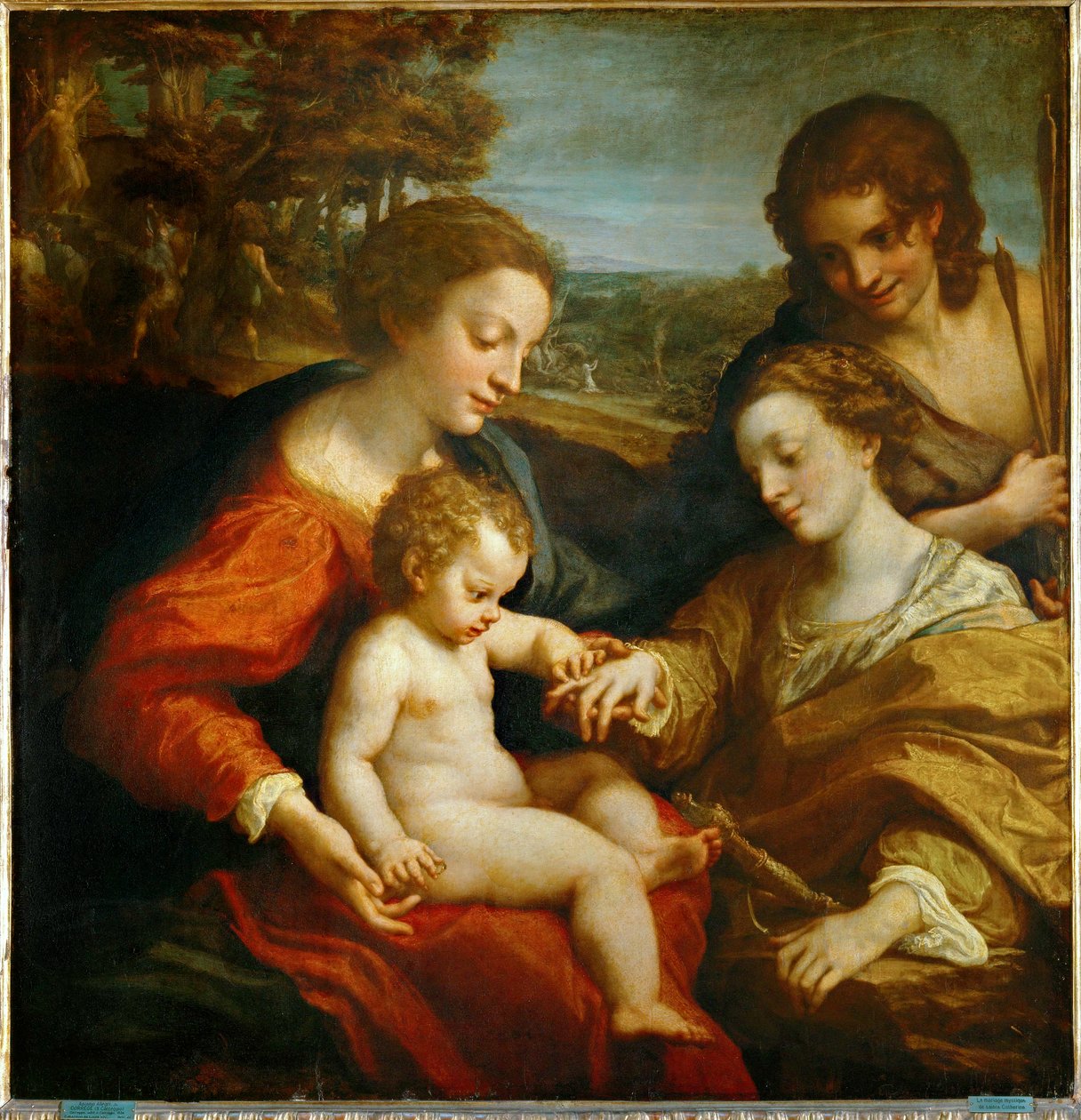 Mistyczne zaślubiny świętej Katarzyny Aleksandryjskiej z Dzieciątkiem Jezus i świętego Sebastiana ... autorstwa (c.1489-1534) Correggio