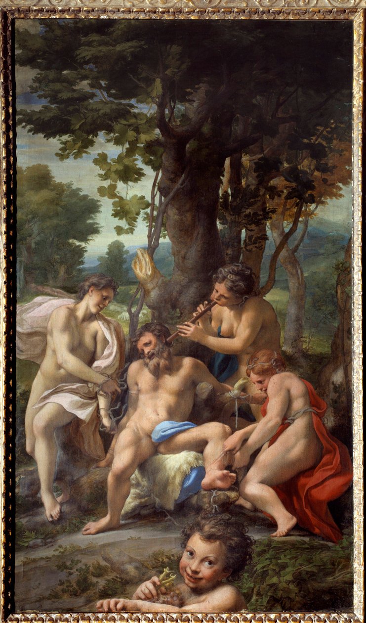 Alegoria nałogów Satyra otoczona przez kobiety-muzyki. Obraz Antonio Allegri dit Le Correge (Il Correggio) (1489/1494-1534) XVI-wieczne słońce. 1,48x0,88 m² autorstwa (c.1489 1534) Correggio