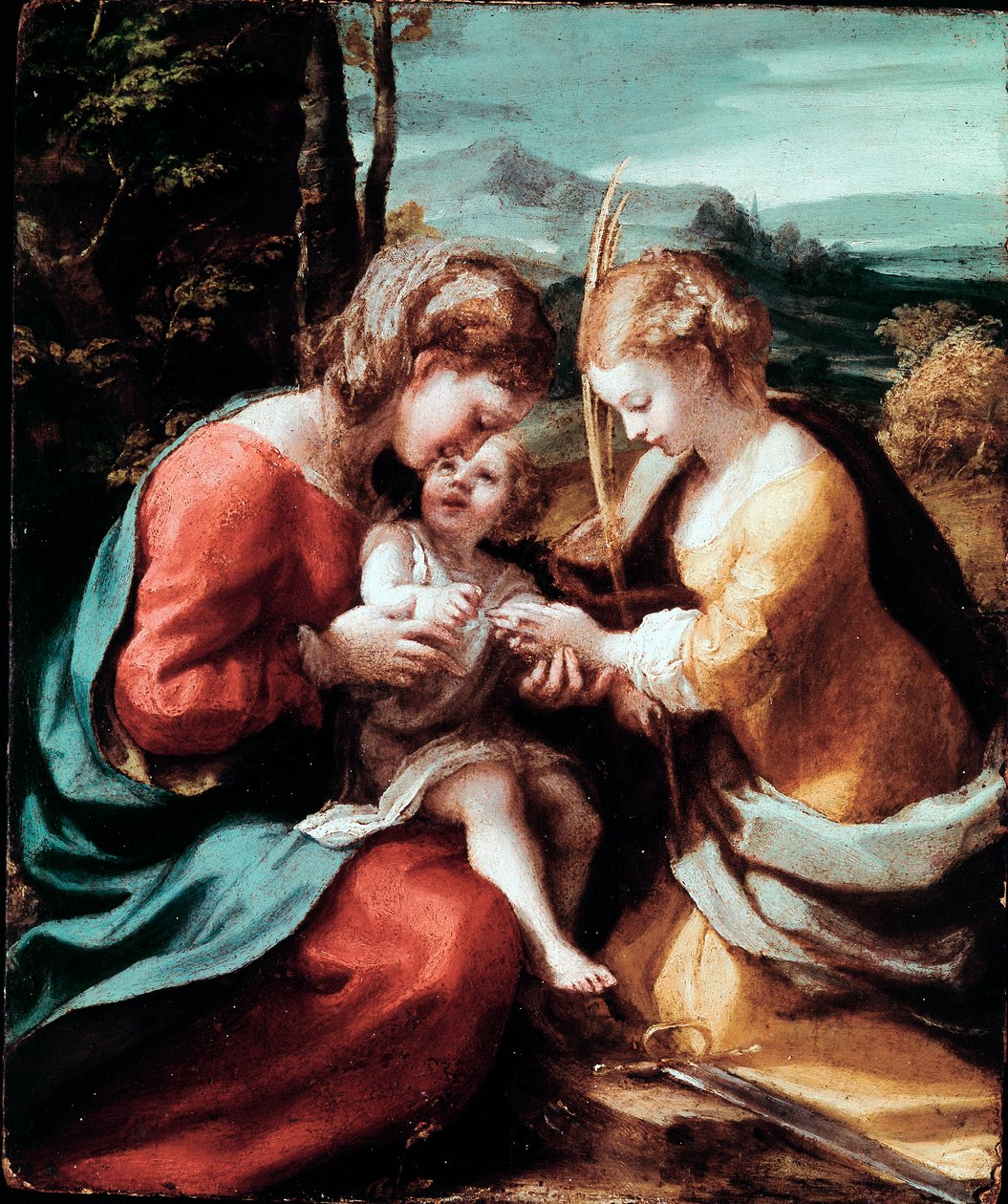 Mistyczne zaślubiny św. Katarzyny Aleksandryjskiej Obraz Antonio Allegri (znanego jako Correggio lub The Correge 1489-1534) ok. 1520 r. Słońce. 28,5x23,5 cm Neapol Museo di Capodimonte autorstwa (c.1489 1534) Correggio