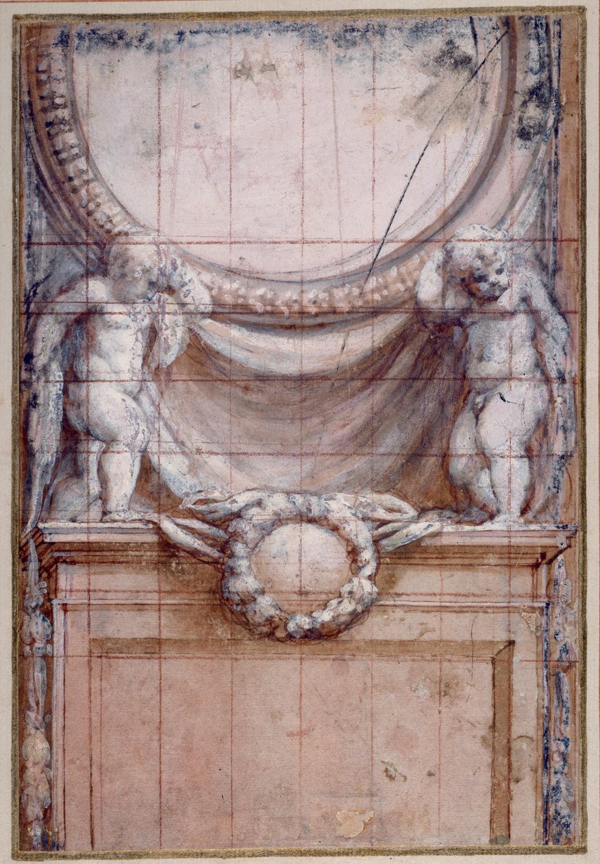 Dwa putta podtrzymujące czysty medalion (czerwona kreda wzmocniona bielą na papierze) autorstwa (c.1489 1534) Correggio