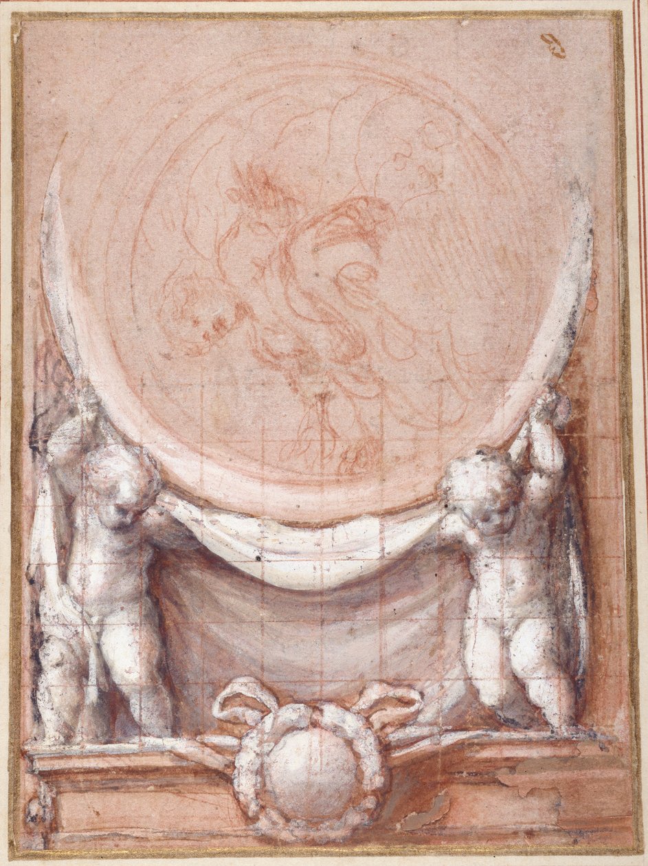 Dwa putta podtrzymujące medalion, na którym przedstawiony jest Chrystus w chmurach (czerwona kreda na białym papierze) autorstwa (c.1489 1534) Correggio