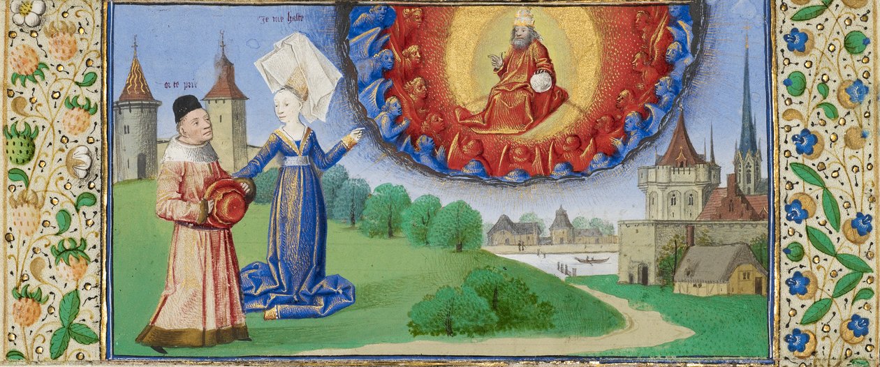 Filozofia pouczająca Boecjusza o roli Boga, c.1465 (tempera i złoto na pergaminie) autorstwa (fl.1450 75) Master of Coetivy