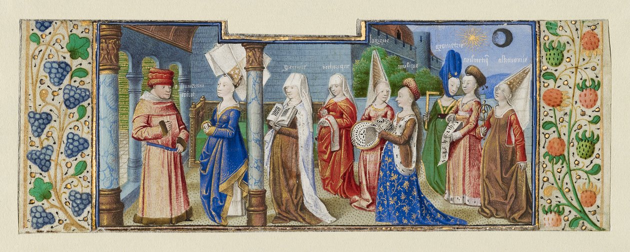 Filozofia przedstawiająca siedem sztuk wyzwolonych Boecjuszowi, ok. 1465 tempera i złoto na pergaminie) autorstwa (fl.1450 75) Master of Coetivy
