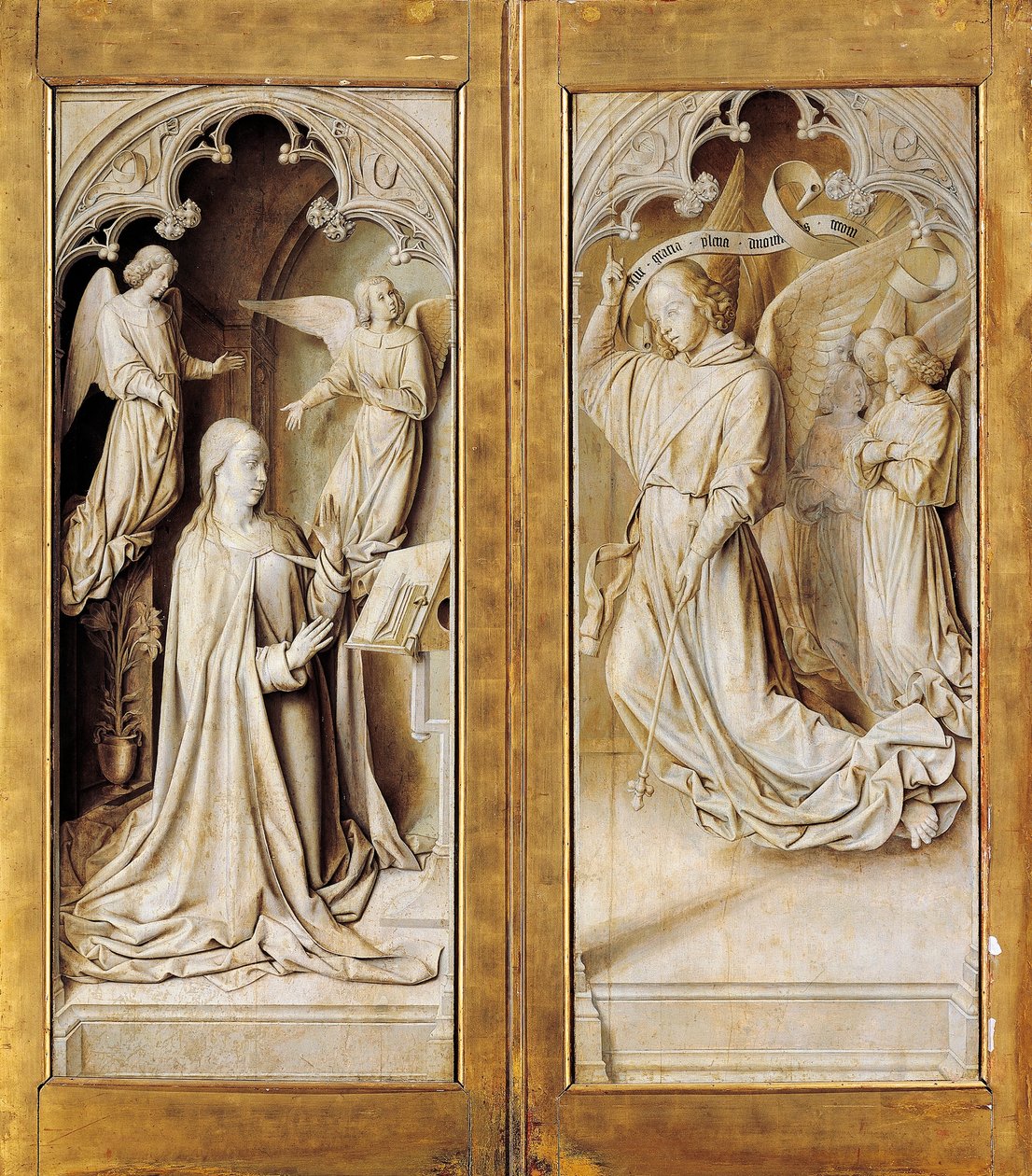 Zwiastowanie w grisaille (monochromatyczny szary), zewnętrzne skrzydła ołtarza z tryptyku (ok. 1489-1502) autorstwa mistrza z Moulins, w katedrze Notre-Dame, Moulins, Francja. autorstwa (fl.c.1483 c.1529) Master of Moulins