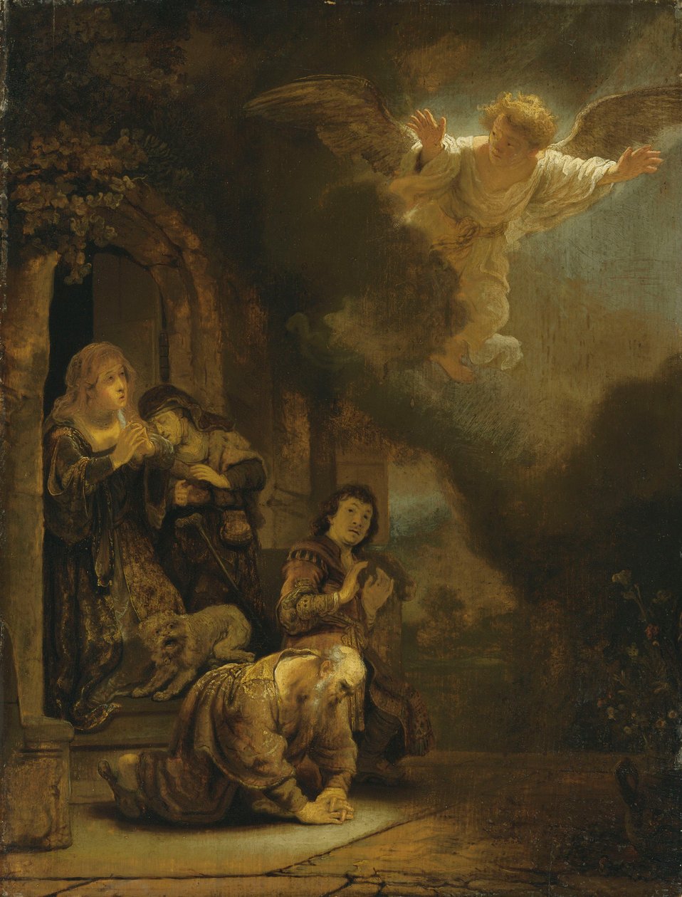 Archanioł Rafał żegnający Tobita i jego rodzinę (olej na panelu) autorstwa studio of Rembrandt Harmensz. van Rijn