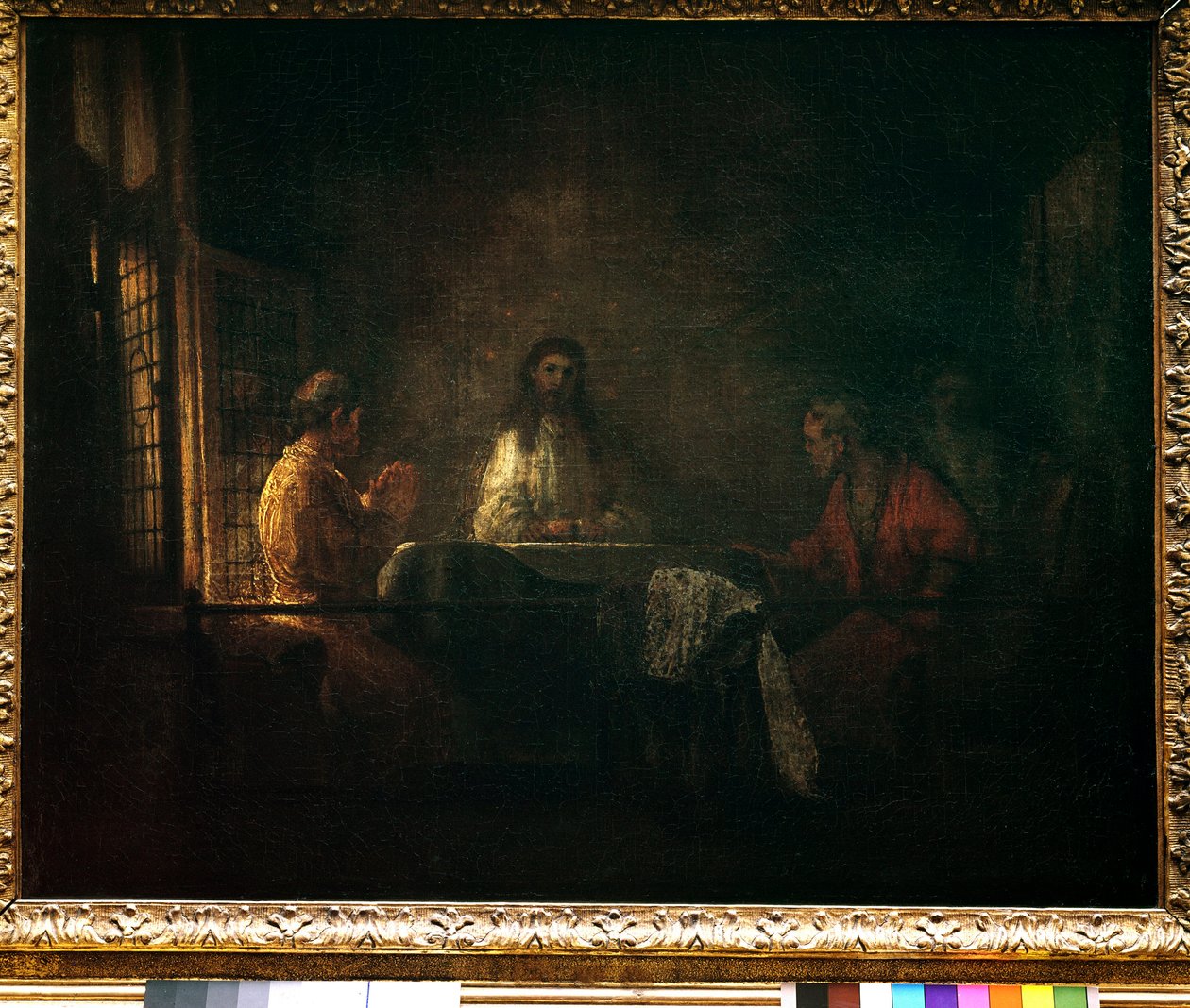 Pielgrzymi z Emaus Chrystus ukazuje się pielgrzymom siedzącym przy stole w karczmie w Emaus. Obraz warsztatu Harmensza van Rijn dit Rembrandt (1606-1669) autorstwa studio of Rembrandt Harmensz. van Rijn