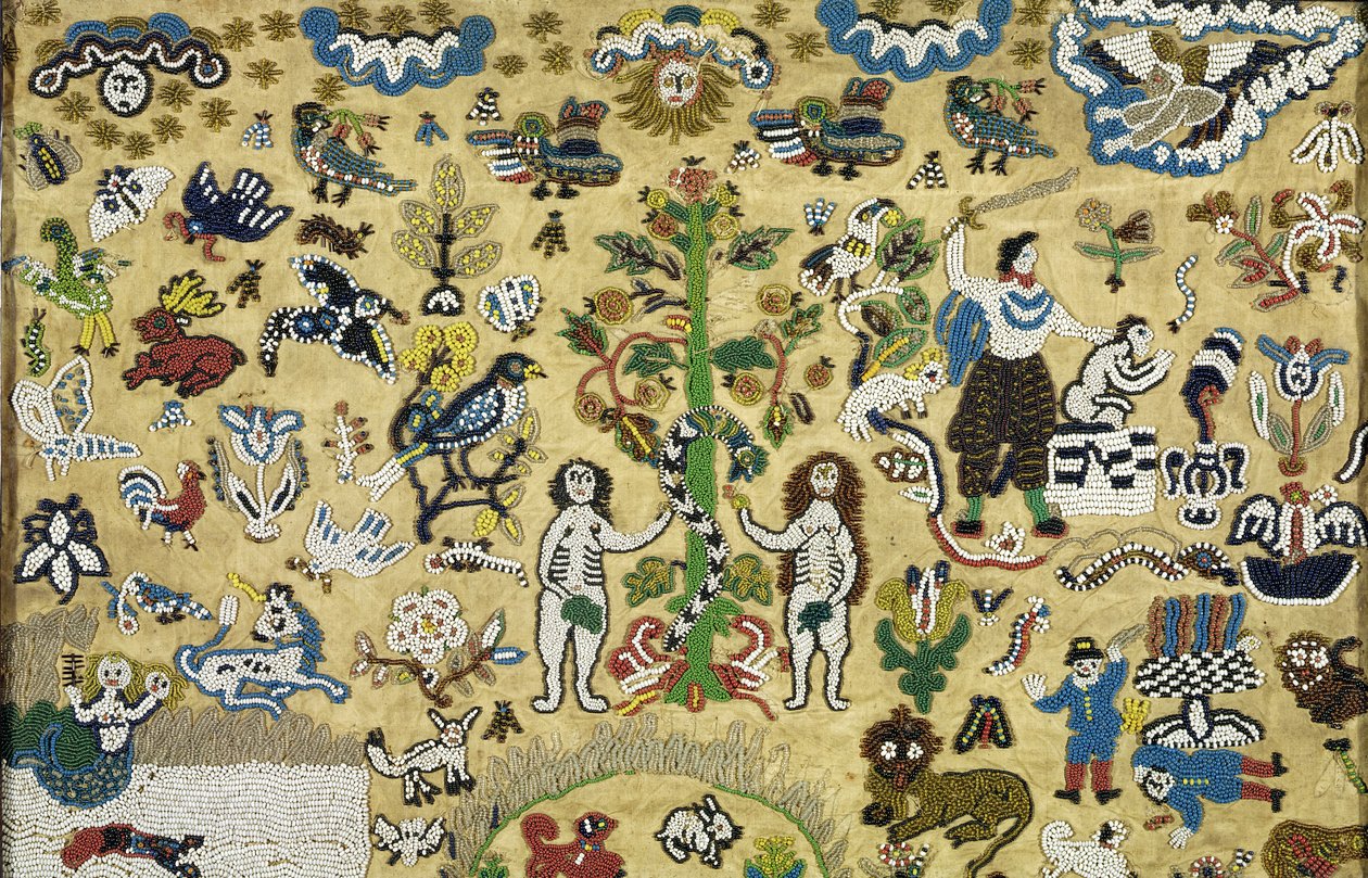 Obraz w technice beadwork: Upadek człowieka; Kain i Abel; Ofiara Izaaka; W otoczeniu zwierząt z rajskiego ogrodu, XVII w. (jedwab haftowany kolorowymi koralikami) autorstwa Unknown