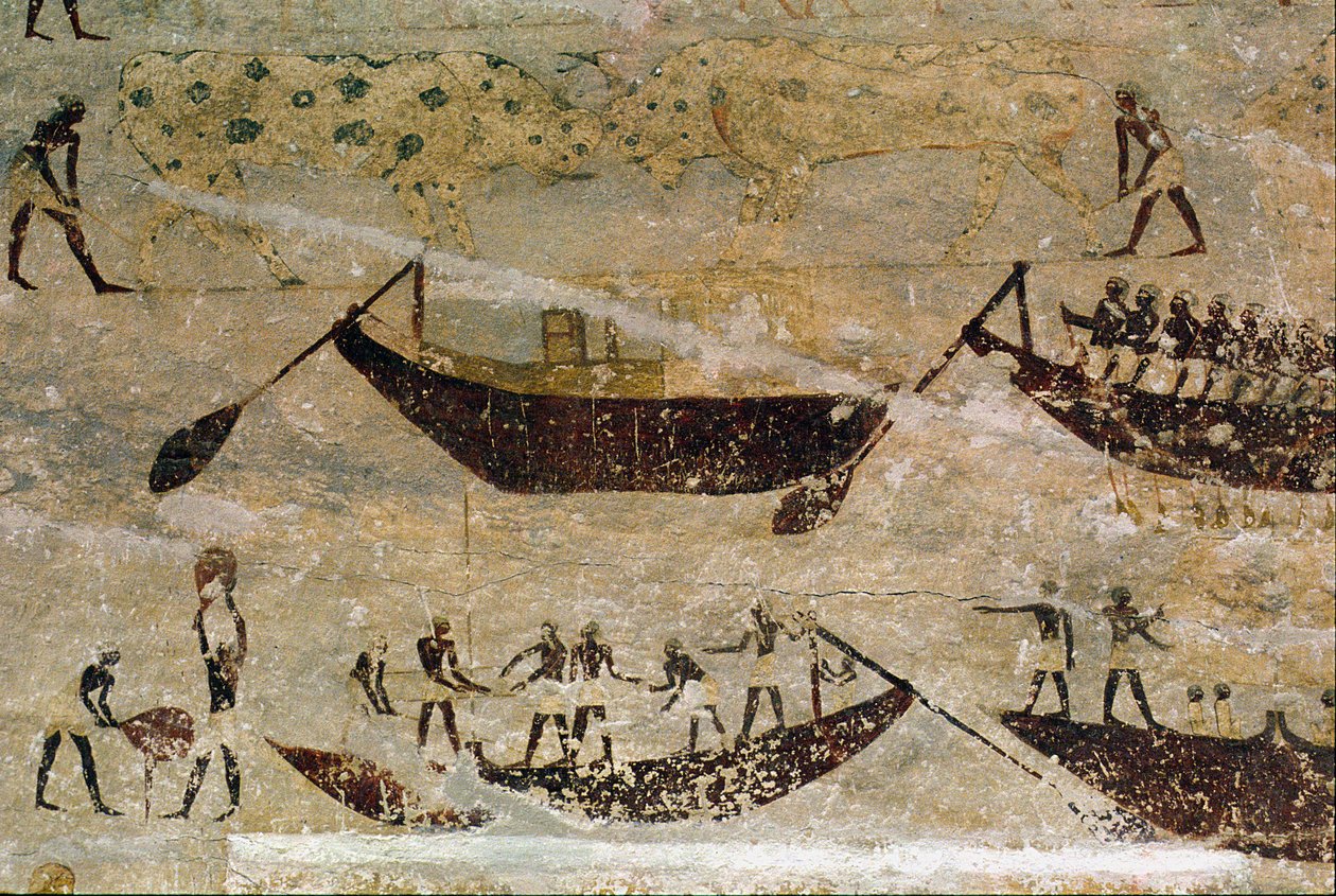 Łodzie płynące w dół rzeki, fragment z malowidła ściennego nagrobka, egipskie, od Starego do Średniego Państwa (malowany wapień) autorstwa Unknown