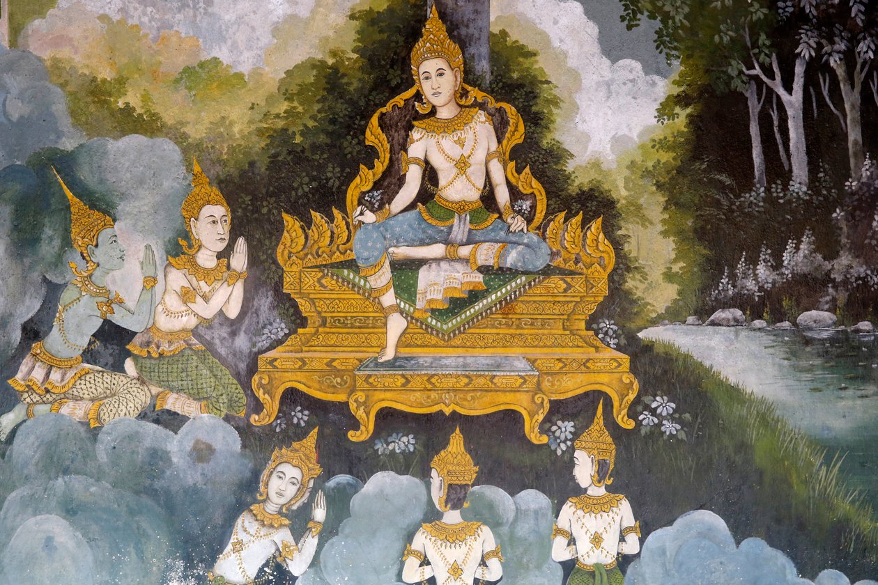 Fresk przedstawiający scenę z życia Buddów w Wat Phra Doi Suthep w Chiang Mai. Tajlandia autorstwa Unknown
