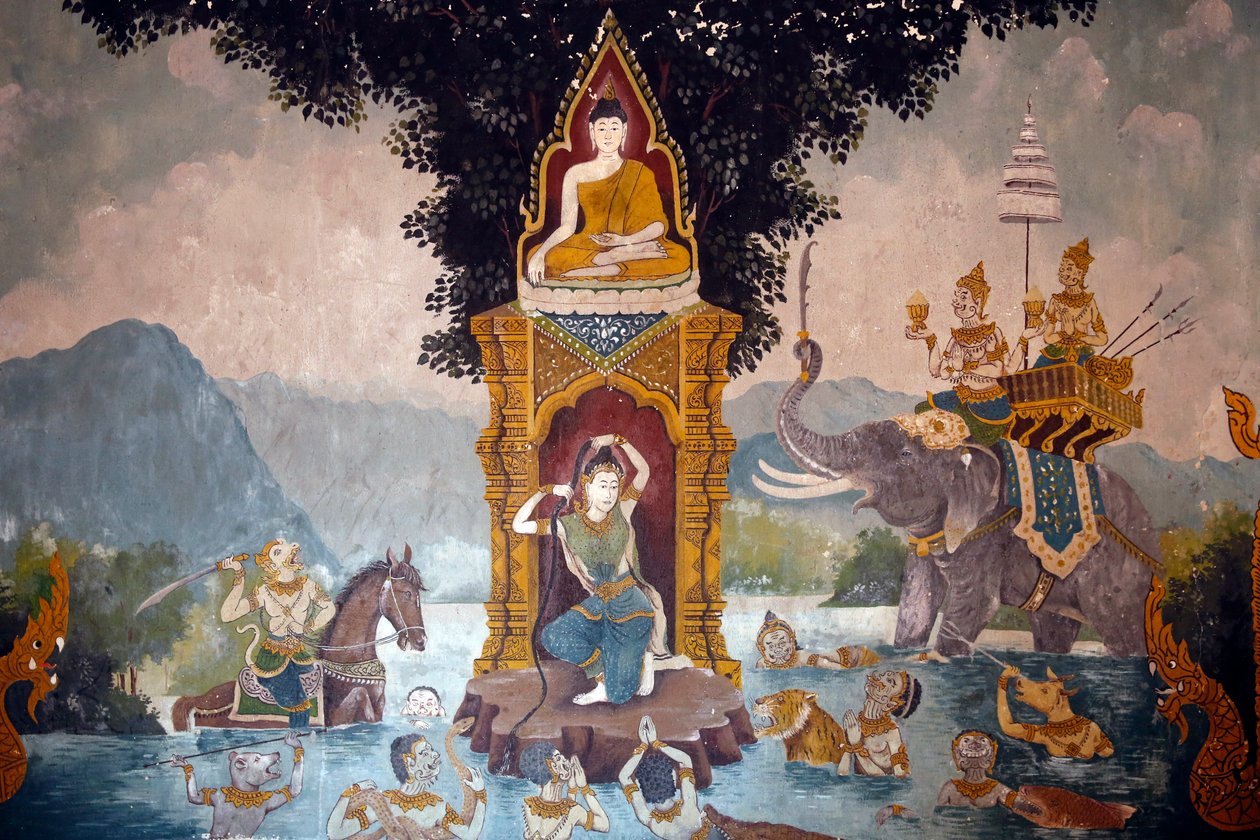 Fresk przedstawiający scenę z życia Buddów w Wat Phra Doi Suthep w Chiang Mai. Phra Mae Thorani kręci swoje długie włosy, a potoki wody tworzą powódź. Tajlandia autorstwa Unknown