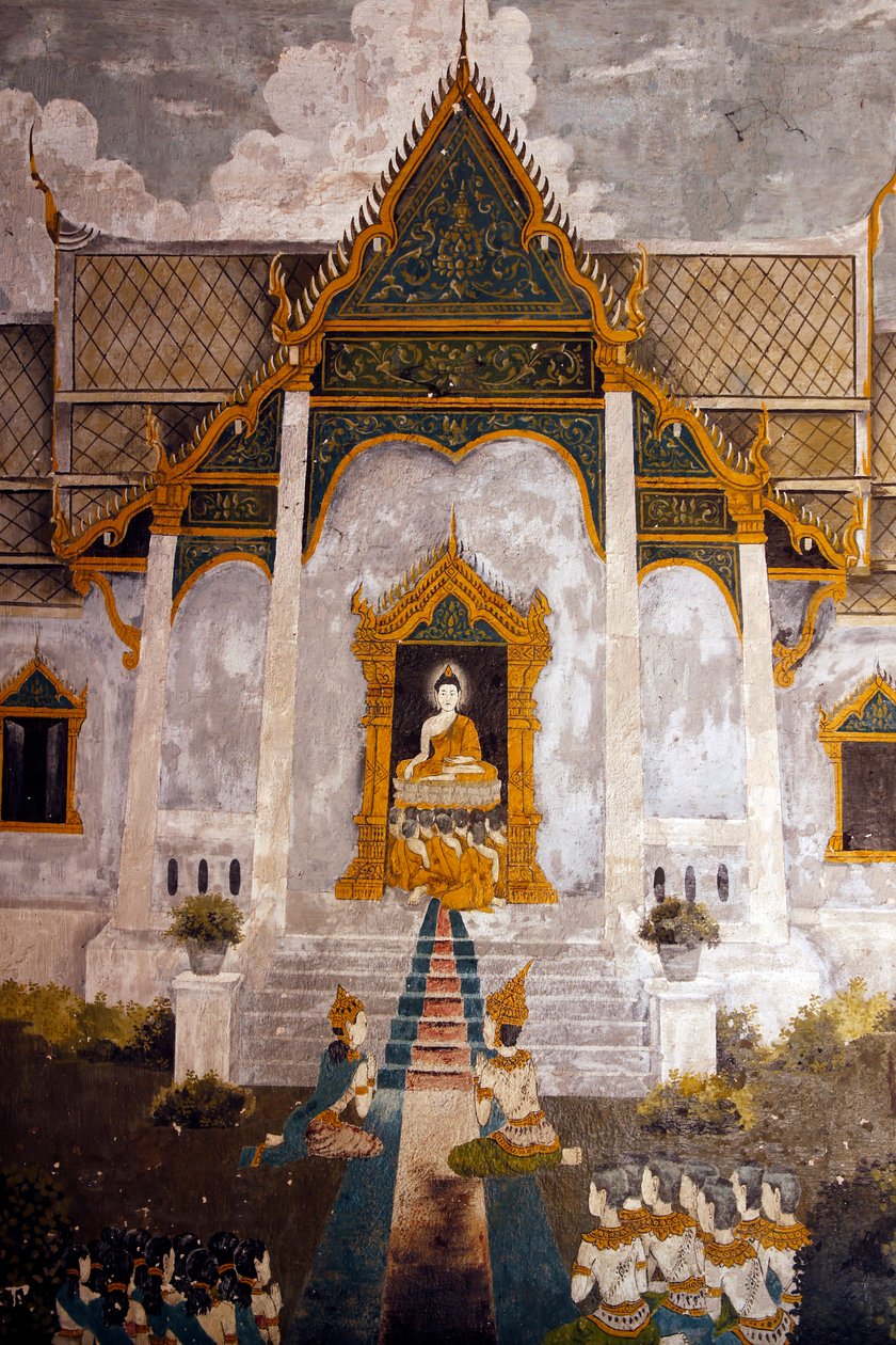 Fresk przedstawiający scenę z życia Buddów w Wat Phra Doi Suthep w Chiang Mai. Tajlandia autorstwa Unknown