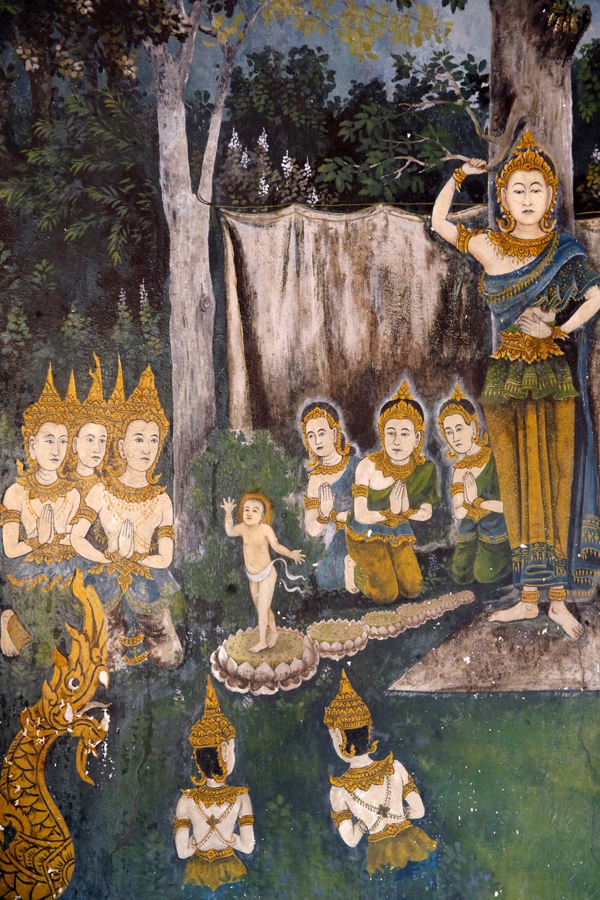 Fresk przedstawiający scenę z życia Buddów w Wat Phra Doi Suthep w Chiang Mai. Tajlandia. Budda jako dziecko. r autorstwa Unknown