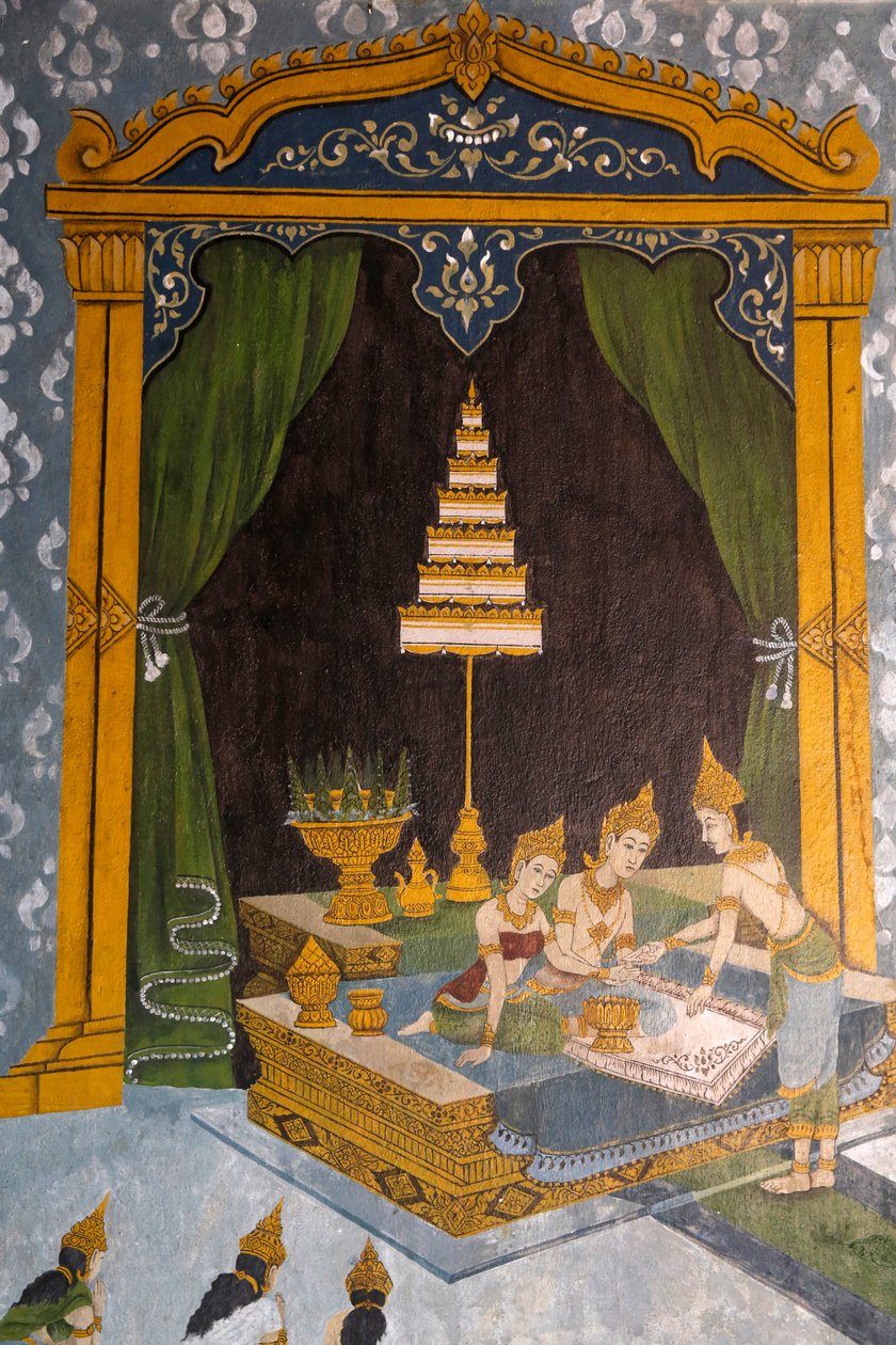Fresk przedstawiający scenę z życia Buddów w Wat Phra Doi Suthep w Chiang Mai. Młody Budda jako książę. Tajlandia autorstwa Unknown