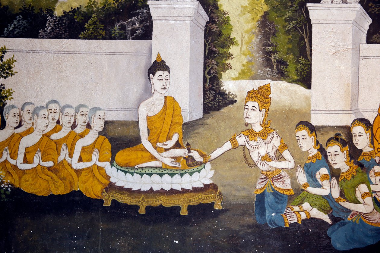 Fresk przedstawiający scenę z życia Buddów w Wat Phra Doi Suthep w Chiang Mai. Budda otrzymujący jałmużnę. Tajlandia autorstwa Unknown