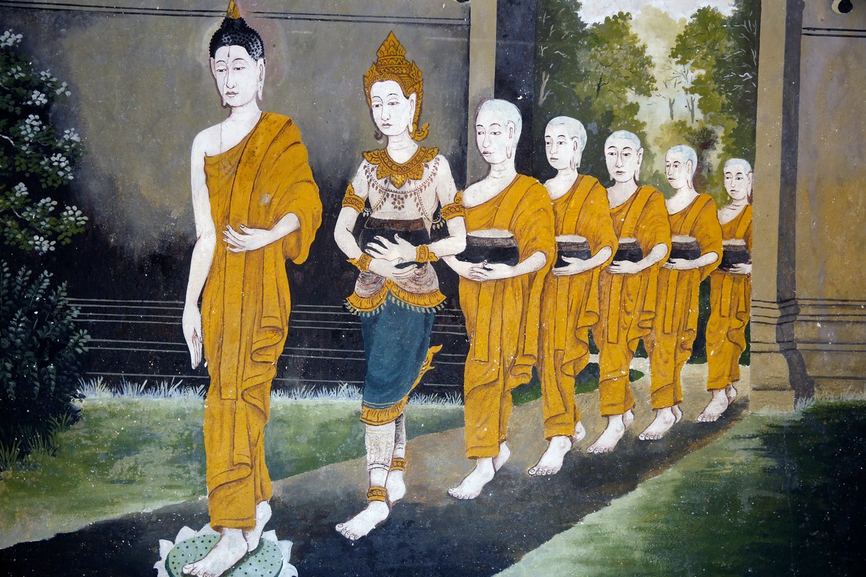 Fresk przedstawiający scenę z życia Buddów w Wat Phra Doi Suthep w Chiang Mai. Budda i mnisi na rundzie jałmużny. Tajlandia autorstwa Unknown