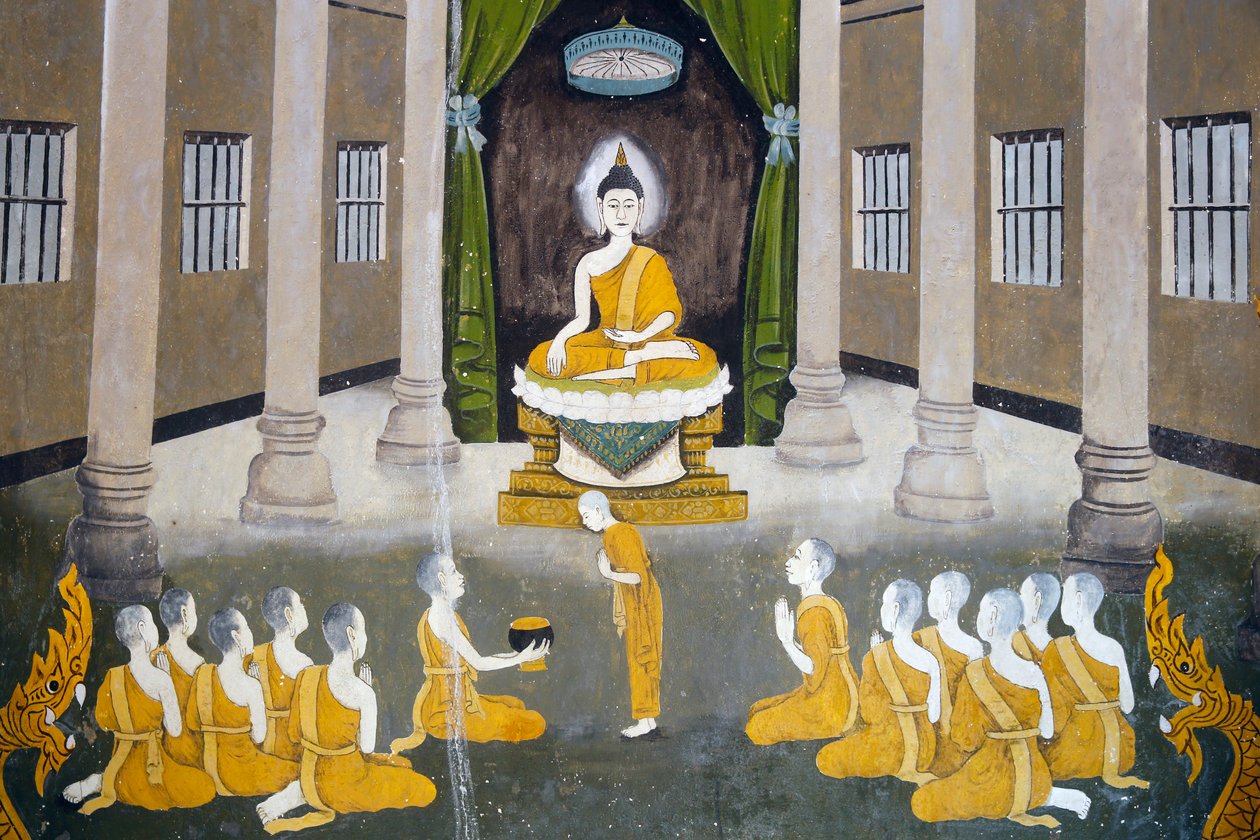Fresk przedstawiający scenę z życia Buddów w Wat Phra Doi Suthep w Chiang Mai. Budda ze swoją sangą. rTajlandia autorstwa Unknown