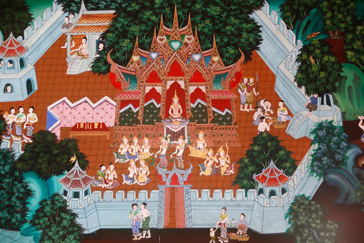 Fresk w Butt Epharam, Hua Hin, Tajlandia. Temia Jatka, zwana także Muga-Paksha Jatka, Życie jednego z T Buddhas Forum. autorstwa Unknown