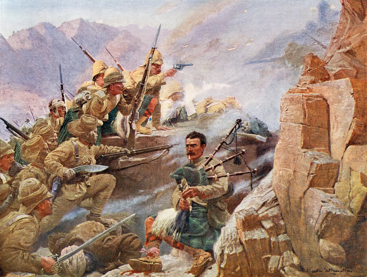 Gurkhowie uzbrojeni w swoje kukri lub khukuri, nepalski nóż z zakrzywionym do wewnątrz ostrzem, wraz z członkami Gordon Highlanders szturmujących Wzgórza Dargai w 1897 roku podczas kampanii Tirah autorstwa Unknown