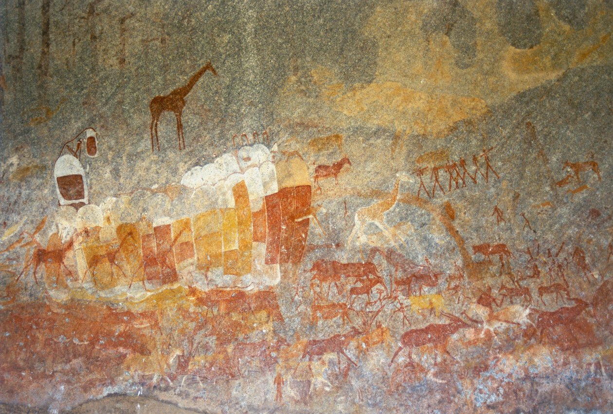 Malowidła naskalne Inanke w jaskini w Parku Narodowym Matobo w Zimbabwe. 1 kwietnia 1998 r. autorstwa Unknown