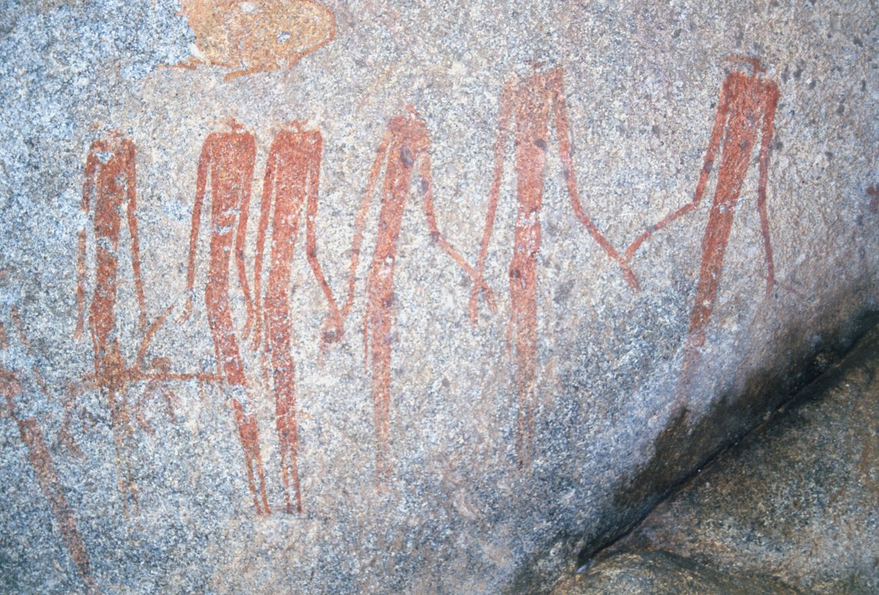 Malowidła naskalne Inanke sfotografowane w jaskini w Parku Narodowym Matobo w Zimbabwe. 1 kwietnia 1998 r. autorstwa Unknown
