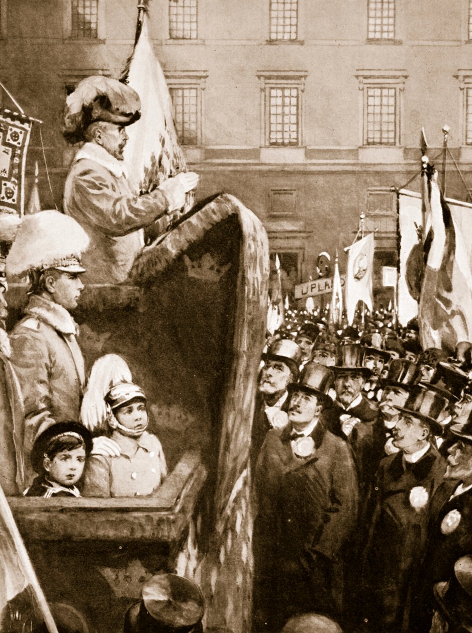 Król Szwecji Karol XV przemawia do tłumu o zwiększonym uzbrojeniu w celu obrony kraju, 1866 autorstwa Unknown