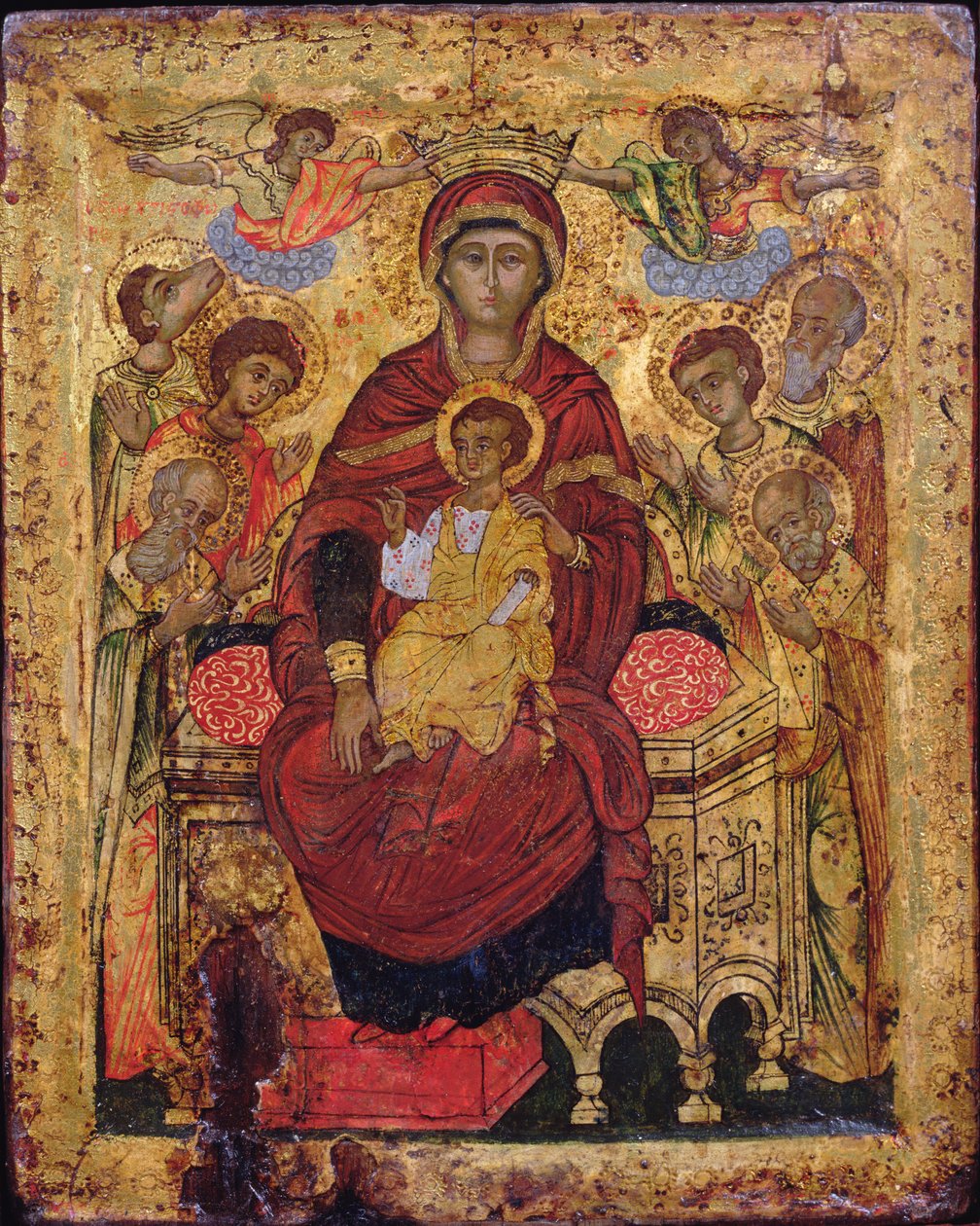 Madonna z Dzieciątkiem na tronie ze świętymi, ikona wysp greckich, początek XVIII wieku (tempera na panelu) autorstwa Unknown