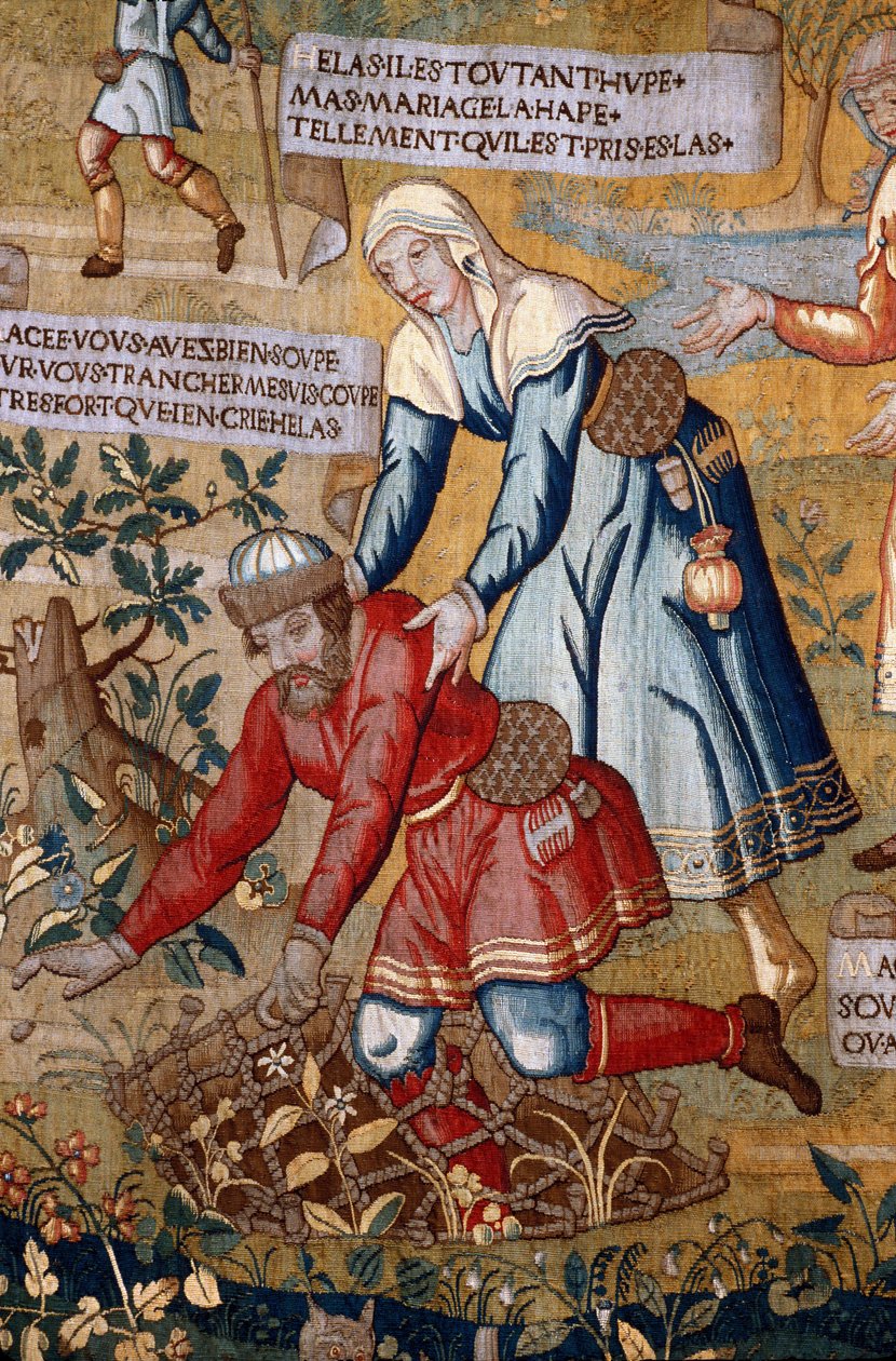 Manche N * 075, Musee de St Lo, „” Les amours de Gombeau (Gombault) and Mace (Macee) „”, Detal gobelin autorstwa Unknown