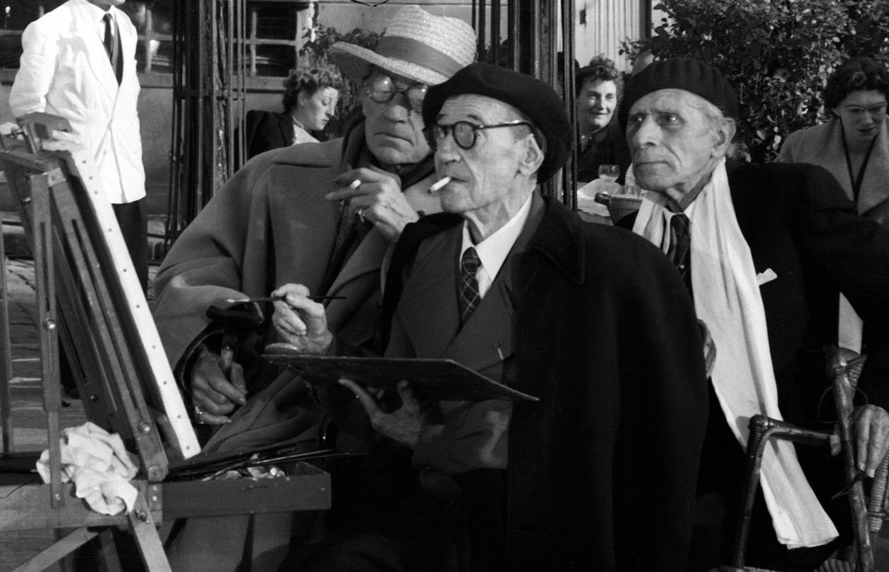 Maurice Utrillo (1883-1955) Malowanie na Montmartre w Paryżu, Plac Tertre, niedaleko Sacre Coeur, 10 października 1955 Z Sacha Guitry i Paulem Fortem, kiedy malował płótno do filmu Gdyby powiedziano ci o Paryżu autorstwa Unknown