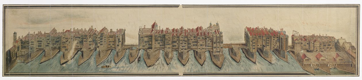 Old London Bridge w ok. 1600, skopiowany przez W. Griggsa w 1881 z rysunku w kolekcji Pepys, w Magdalene College, Cambridge autorstwa Unknown