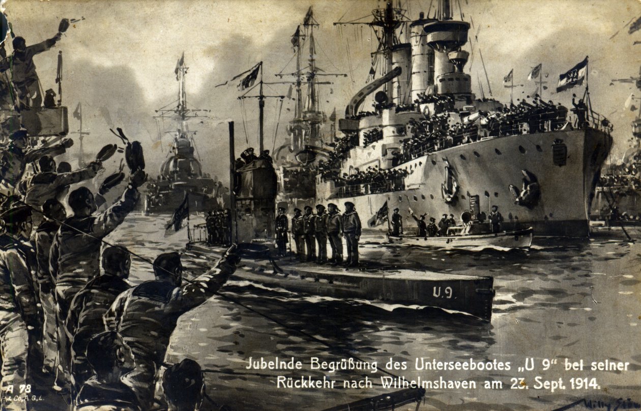 Pocztówka z marynarzami witającymi U-boot U9 po powrocie do Wilhelmshaven, 23 września 1914 autorstwa Unknown