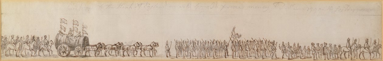 Procesja z hiszpańskimi pieniędzmi zdobytymi przez Royal Navy do Banku Anglii, 1799 (rysunek piórem i atramentem) autorstwa Unknown