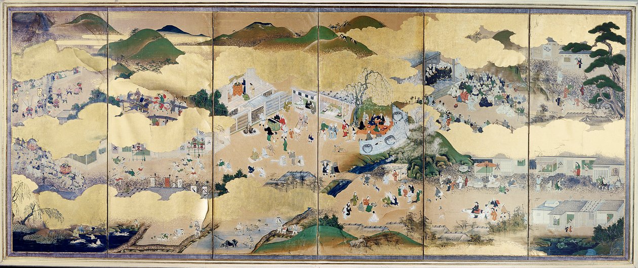 Sceny z życia miejskiego w czasach Bakufu, Szkoła Tosa, 1800 (z sześciokrotnego ekranu), (szczegóły patrz 67713), (kolorowa odbitka drzeworytnicza) autorstwa Unknown