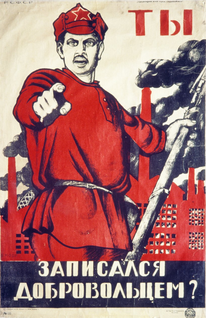 Radziecki plakat rekrutacyjny z czasów rewolucji rosyjskiej, Ty! czy zarejestrowałeś się z wolontariuszami?. autorstwa Unknown