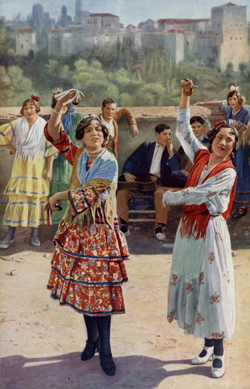 Hiszpania. Zderzające się kastaniety i brzęczące gitary towarzyszą rytmicznym tańcom młodych cyganek z Granady. 1920 autorstwa Unknown